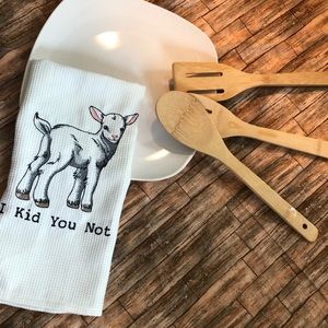 Custom embroidered goat kid dish towel. Handmade